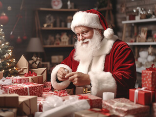 Santa Claus in glasses sits in his workshop and packs New Year's gifts with a smile against the backdrop of a decorated New Year's tree.