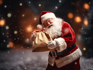 Santa Claus in glasses stands on the street laughing and smiling with a gift in his hands and dreams, snowflakes are flying around and it is snowing.