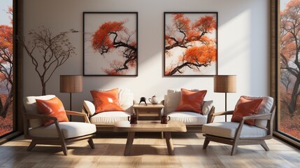 Japanese style interior design of a modern living room featuring a sofa and barrel chairs against a wall adorned with posters