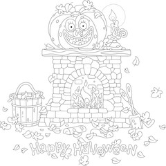 Happy Halloween card with a funny smiling pumpkin on an old stone fireplace with burning firewood among scattered autumn leaves, black and white vector cartoon illustration