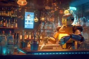 A robot bartender serving drinks to customers at a high-tech bar. 