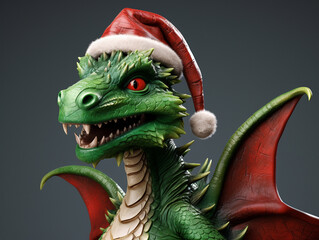 A kind green dragon smiles in a red New Year's hat against the background of blurry garland lights. Symbol of the year 2024 according to the Chinese calendar. New Year and Christmas 2024.