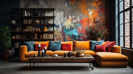 Loft-style interior design complements a colorful sofa in a modern living room with grunge-tiled paneling against a concrete wall