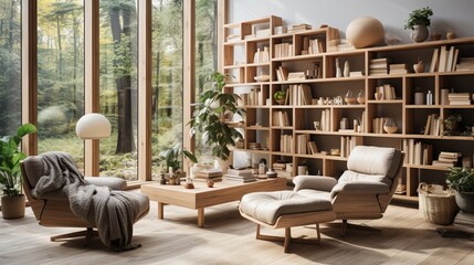 Lounge chairs arranged by a window, alongside wooden shelving units and a cabinet Scandinavian interior design for a modern living room