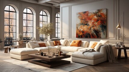 Luxurious corner beige sofa and poufs in a classic apartment Scandinavian-style interior design for a modern living room