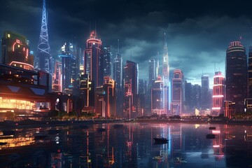 city skyline at night, Generative AI