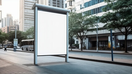 Vertical blank white billboard at bus stop on city street.generative ai