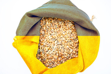 Wheat grains with in jute bag overlay of yellow and blue flag of Ukraine grain crisis, global...