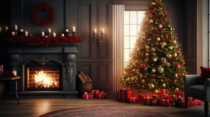 Obraz premium Christmas Tree with Baubles and Twinkling Lights