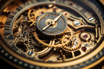 A close-up of gears and cogs turning inside a vintage industrial clock. Concept of precise timekeeping. Generative Ai.
