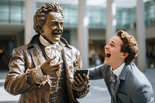 A person caught on camera taking a selfie with a famous statue, seemingly engaged in an animated conversation with the inanimate figure. Concept of selfie conversations. Generative Ai.