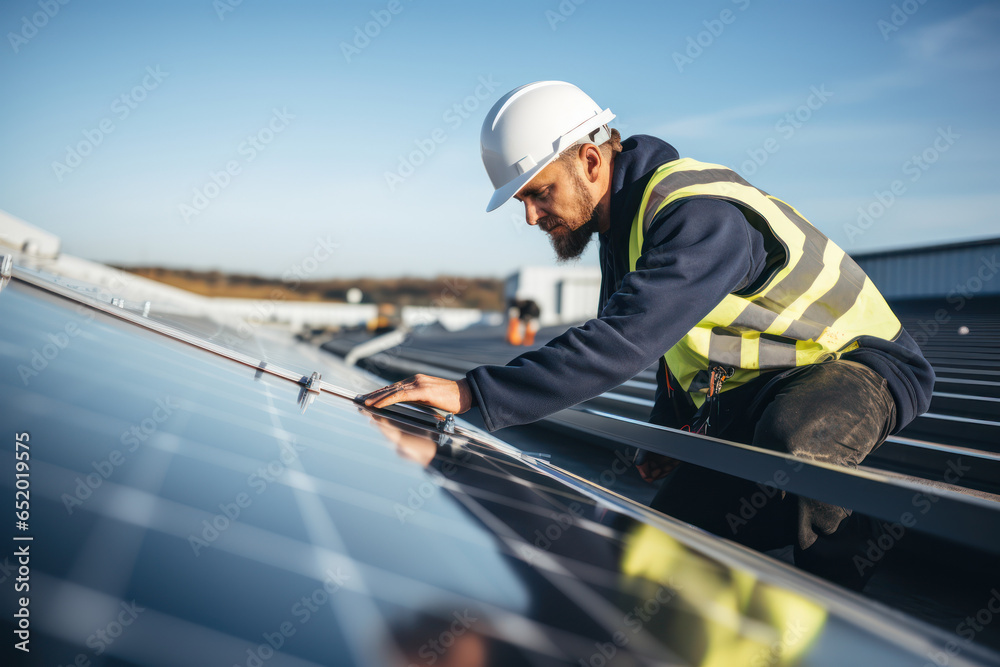 Poster A technician inspecting solar panels on a rooftop installation. Concept of solar energy production. Generative Ai