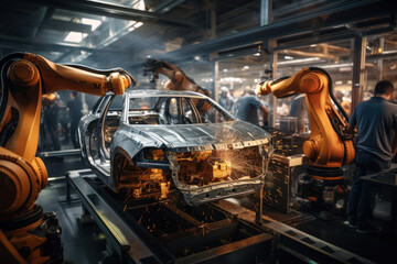 A bustling automotive assembly line with robots and workers assembling cars with precision. Concept of automotive manufacturing. Generative Ai.