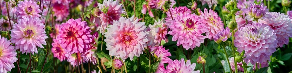 top card dahlias in pink and purple tones, with green leaves and flower buds