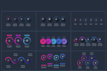 Set creative concept for infographic with 3, 4. 5, 6 steps, options, parts or processes. Business data visualization.