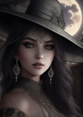 A witch on dark night giant moon background, attractive halloween witch portrait, generative ai