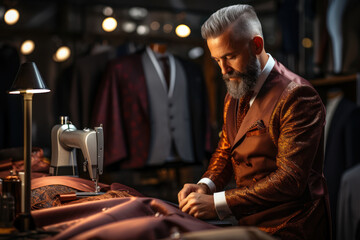 A tailor skillfully sewing a custom-made suit in a boutique. Concept of fashion craftsmanship. Generative Ai.