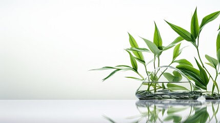 Plants growing on water with their reflections, neutral background with copy space