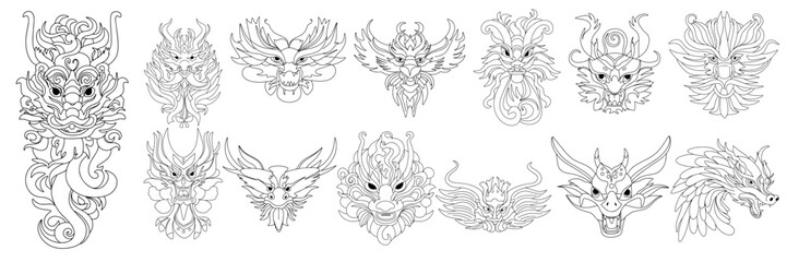Big collection of doodle dragon's heads. Hand drawn doodle dragon masks symbol of 2024 year. Set of dragon outline. Vector illustration.