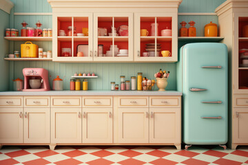 A 1950s-style kitchen with pastel-colored appliances and checkered floors. Concept of retro home design. Generative Ai.