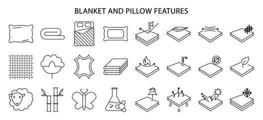 Blanket And Pillow Feature icons. Blanket icons. Pillow icons. Line icon set. Vector illustration. Editable stroke.