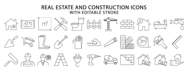 real estate and construction icons. Set icon about real estate.  Set icon about construction. Line icons. Vector illustration. Editable stroke.