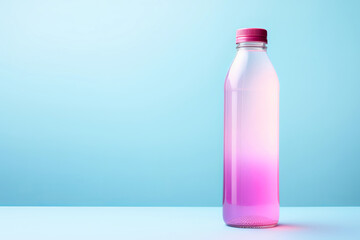 Bottle with pink transparent liquid on a blue background. Isotonic energy sport drink