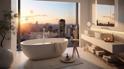 Modern bathroom with a freestanding bathtub in a penthouse, with a beautiful view of the city's skyscrapers. - obrazy, fototapety, plakaty