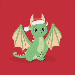 2024 New Year green cartoon cute dragon with Santa hat red background. Happy new year 2024 celebration template. New Year banners, posters, newsletters. 2024 Lunar New Year