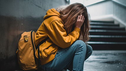 A depressed teenage girl sitting in school corridor and crying. Generative AI - obrazy, fototapety, plakaty