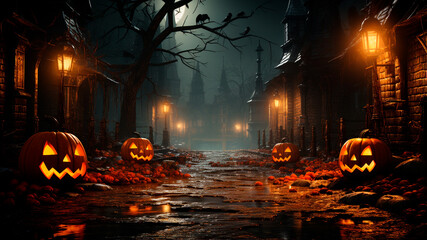 Pumpkins in graveyard near old brick road in the Halloween night, Generative AI