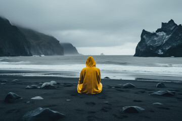 Fototapeta na wymiar Traveler in a yellow raincoat against the background of Iceland landscapes, glaciers and mountains, black sand
