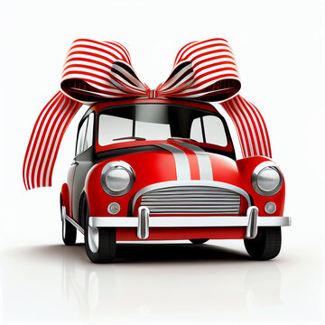 Beautiful red car wrapped in gift ribbon. AI Generated