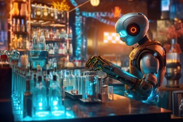 A robot bartender serving drinks to customers at a high-tech bar. Generative Ai