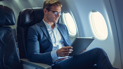 Fototapeta na wymiar Elegant businessman reading laptop in airplane seat