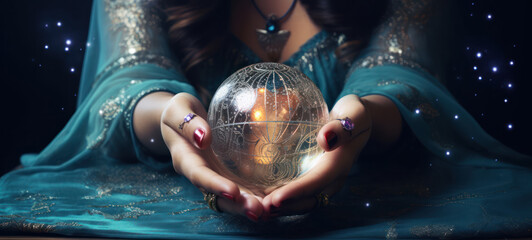 Fortune teller hands on crystal ball with elaborate fabrics and cinematic lights 