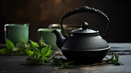 Foto op Aluminium Black iron Asian teapot with springs of mint_ or tea © John