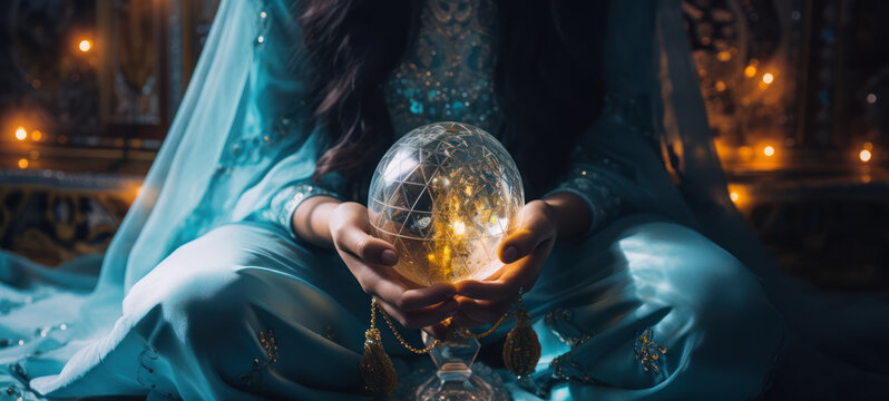 Fortune teller hands on crystal ball with elaborate fabrics and cinematic lights 