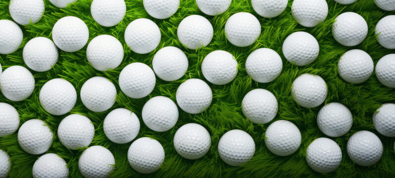 Top view of large group of golf balls on grass 