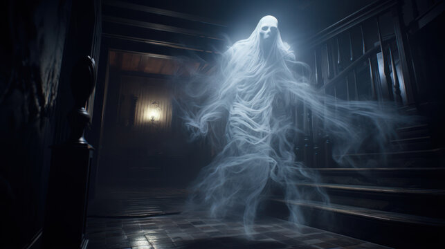 Floating glowing ghost in a dark spooky interior 