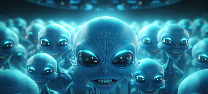 Group of aliens with big eyes staring intently at viewer 