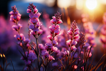 Lavender Flowers at Sunset. Macro Capture of Vibrant Forest Flowers - obrazy, fototapety, plakaty