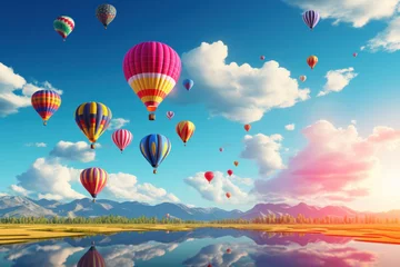 Fototapeten A colorful hot air balloon festival, with balloons ascending into a brilliant blue sky. Generative Ai. © Sebastian
