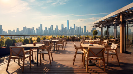 Empty cafe terrace with panoramic view of city skyline at sunset - obrazy, fototapety, plakaty