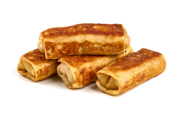 Savory pancake rolls stuffed with ground meat, isolated on white background. High resolution image.