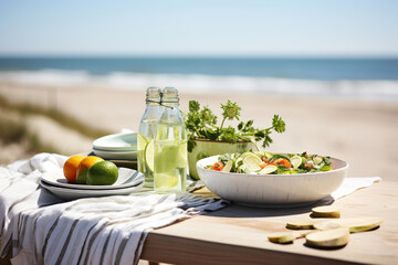 table with fresh salad at the beach