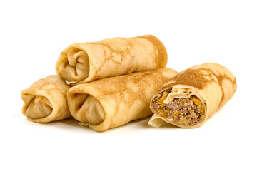 Savory pancake rolls stuffed with ground meat, isolated on white background. High resolution image.