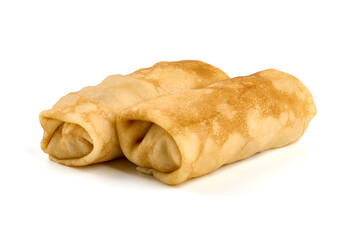 Stuffed pancakes rolls, crepes with filling, isolated on white background.