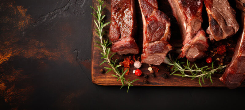 Group of short ribs with herbs on one side of banner with copy space 