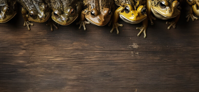 Row of green toads to one side of banner with copy space 